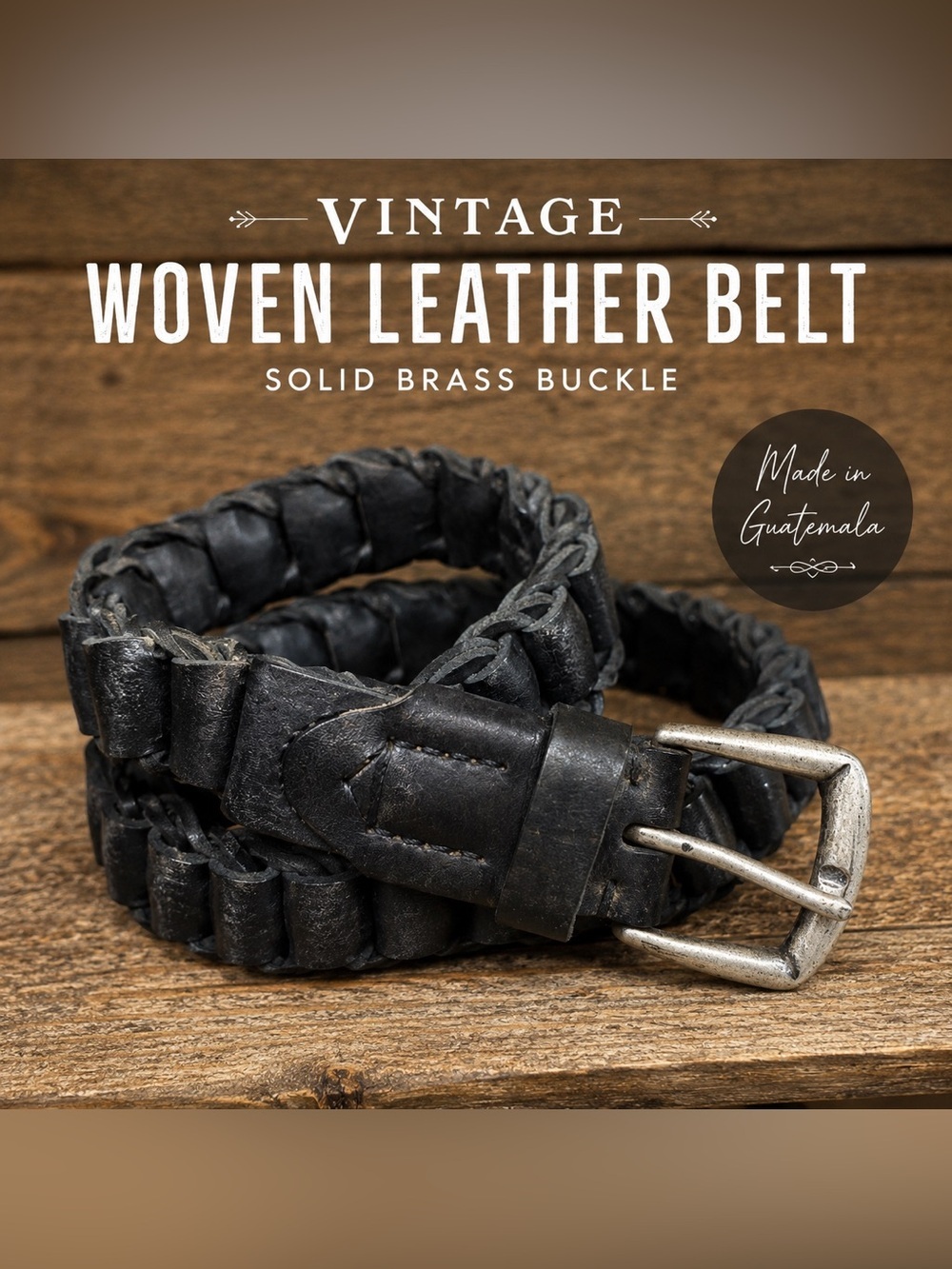 Vintage Handmade Woven Leather Belt Black | Solid Brass Buckle | Made in Guatema